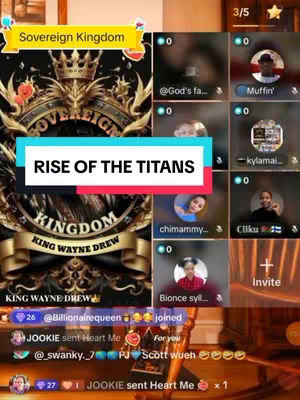 The cover features a split-screen layout. The left side displays a decorative emblem with a crown and the words "SOVEREIGN KINGDOM" in a golden, ornamental font. Below, it states "KINGDOM KING WAYNE DREW". The right side presents a grid of small circular profile images of various people logged into a live video stream. The text "RISE OF THE TITANS" is prominently displayed across a rectangular bar overlay in the center. The overall tone is celebratory and communal, suggesting an online event or gathering.