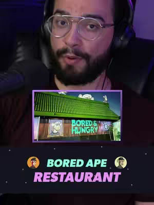 A man with glasses and a headset is looking directly at the camera. Below him is a smaller image of a restaurant with the sign "Bored & Hungry". At the bottom of the image, text says "Bored Ape Restaurant" with ape cartoon graphics.