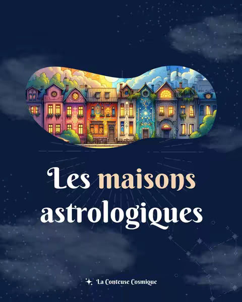 The cover image displays a stylized, colorful illustration of a row of houses under a night sky with stars and clouds. A central, kidney-shaped cutout reveals the row of houses, each with a different color scheme. The text 'Les maisons astrologiques' is overlaid in a large white font, with a smaller text element at the bottom. The overall design is visually appealing and integrates the theme of astrology with the house imagery.