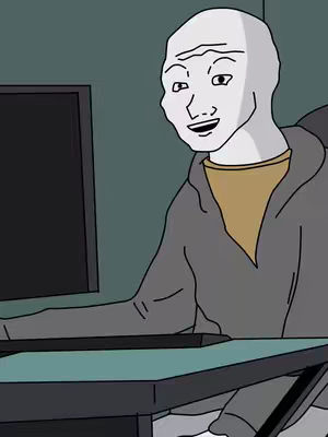 The cover image features a cartoon character in front of a lit computer screen. The character is a Wojak-style figure with a pale complexion, a neutral expression, and a smooth, round head with minimal features. The figure is wearing a gray hoodie over a light brown undershirt. The background consists of a dark-grey wall.