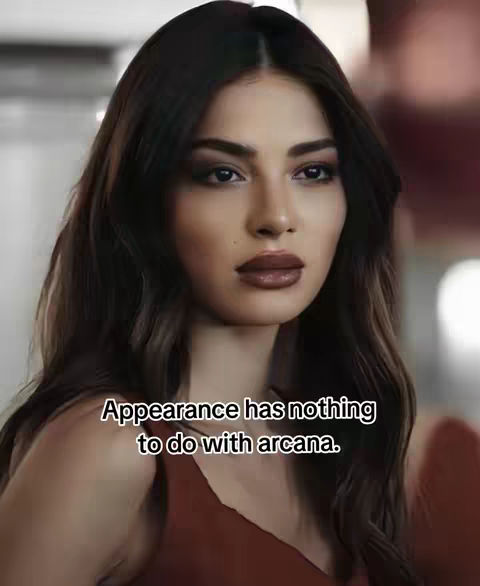 A woman with long, dark hair and makeup stares directly at the camera with a serious expression. Text overlay reads: 'Appearance has nothing to do with arcana.'