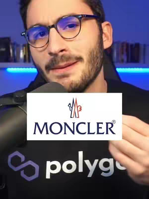 The cover image features a man with glasses against a background. Overlayed is the Moncler logo and the polygon logo on the t-shirt.