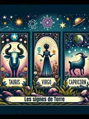 An illustration featuring three panels, each within a decorative arch. The panels, set against a starry blue background, depict zodiac symbols. The first shows a bull (Taurus), the second a woman (Virgo), and the third a goat (Capricorn). Below, a horizontal band reads 'Les signes de Terre' in white.