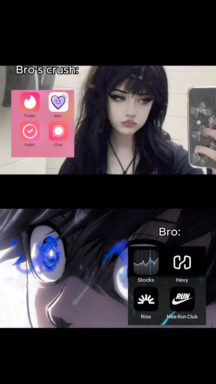 The cover image is a split-screen, stylized as a meme. The top half shows a person's crush/interest (a girl's face) with dating app logos. The bottom half shows a character from an anime with a list of self-improvement app logos. The overall composition is meant to be humorous and motivational.