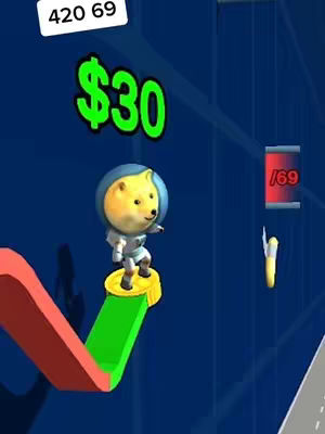 The image depicts a 3D rendering of a Doge meme character wearing an astronaut helmet and suit, positioned on a green and yellow platform. The doge is set against a blue background suggesting a cityscape. Graphics include a red and orange abstract shape and floating text and numbers.