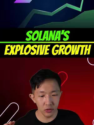 A man with fair skin and short black hair is positioned in the lower portion of the frame, with his torso and head visible. He is wearing a simple black t-shirt. Behind him, the background transitions from a deep red at the bottom to a darker shade at the top. Overlaid on this is a graphic element: a curved line with neon green and purple accents. At the top, text in vibrant yellow and green highlights the video's topic: "Solana's Explosive Growth".