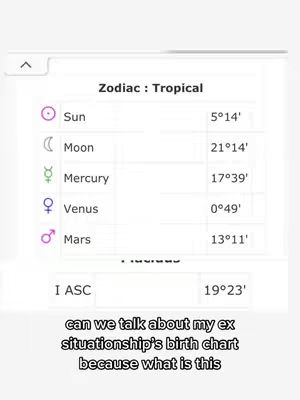 A screenshot of a birth chart, showing astrological signs and degrees. Below it, text in a textbox expresses the creator's relationship context.