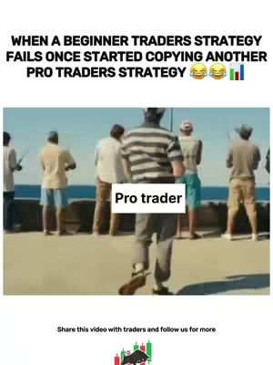 The image shows a meme about trading. A group of men, viewed from the back, are standing on a beach, seemingly fishing. One man in the center is labeled "Pro trader", with a fishing rod. The text overlay describes trading strategies.