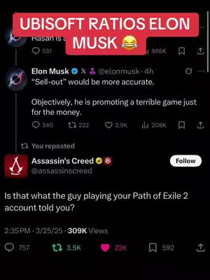 The cover image shows a screenshot of a Twitter interaction with the text overlay on top. It contains text from Elon Musk and a response from Assassin's Creed.