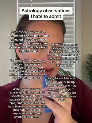 The cover image features a selfie of a person against a neutral background with window blinds visible. Text is overlaid on the image, providing astrological observations in a list format. The person is looking down, slightly to the side, and holding what appears to be a blue object.