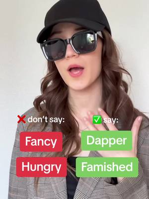 A woman wearing sunglasses and a black cap, standing in front of a white wall. The image has text overlay indicating two sets of vocabulary, one is right and one is wrong