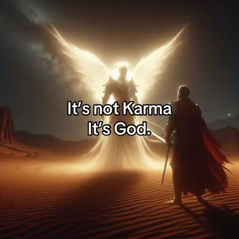 The image is a stylized, possibly digitally-created scene with two central figures. On the right, a figure in dark attire stands, with a sword at their side, looking towards a radiant, light-filled figure with large wings. Above the desert landscape, the silhouette of the winged being stands. The light emanating from the winged figure casts a glow across the scene.