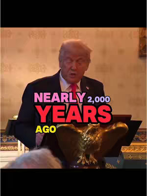 The image shows Donald Trump at a podium, addressing a crowd. A text overlay in the center reads, "NEARLY 2,000 YEARS AGO." The composition uses a warm, inviting color palette and likely highlights a speech or address by Trump with a religious or historical theme.