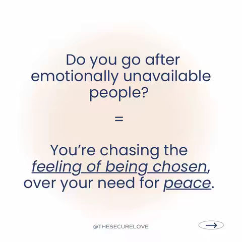The image features a soft, gradient background of light beige and peach. Centered in the image is a block of text in a dark blue font asking, "Do you go after emotionally unavailable people?" Below the question is an equal sign, followed by the statement, "You're chasing the feeling of being chosen, over your need for peace." The text has a clean, modern aesthetic.