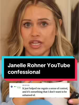 A woman with blonde hair is in the center of the image. Her face is centered with a straight gaze towards the camera. There is a banner with text that is added below her face.