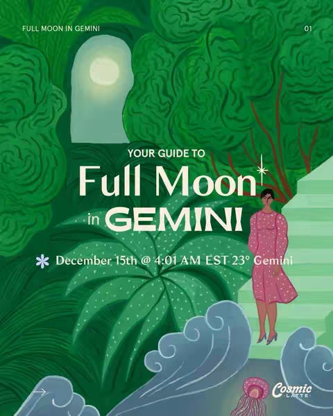 An illustrated image with a green background. It features an arch shape with a bright moon at the top of the image and a person in a pink dress. The text says 'YOUR GUIDE TO Full Moon in GEMINI'.