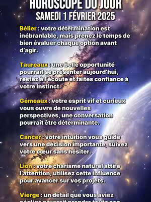 A vertical image of a horoscope for the day, featuring a nighttime background with galaxies and stars. The text is centered and stacked on top of each other, with each zodiac sign's analysis written below the sign name.