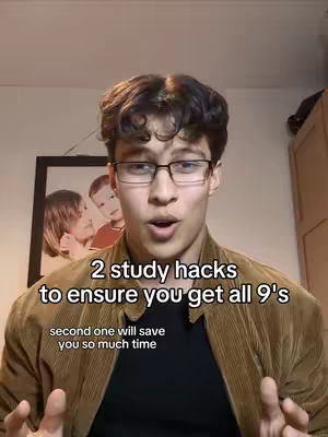 The image features a young man looking directly at the camera while presenting information. Overlayed text highlights study techniques. The background includes a framed picture and a wall.