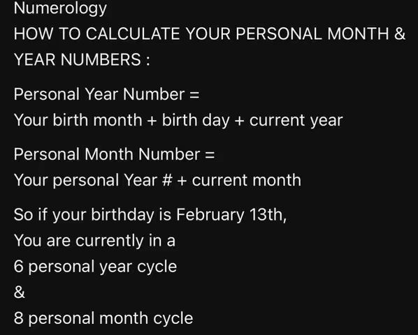 A black screen displaying text in white font. The text is formatted in a list, explaining how to calculate personal numerology numbers. The overall composition is simple and minimalistic.