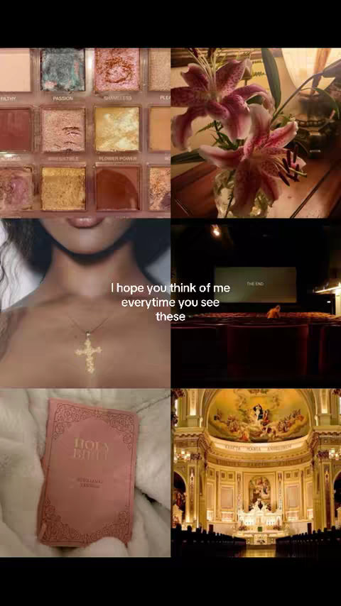 A collage-style image featuring various elements. At the top left, a makeup palette is displayed. To the right is a vase of pink and white lilies. Below, a woman's torso is visible, wearing a necklace with a cross pendant. Adjacent, a cinema scene showing the end of a movie. At the bottom left corner is a  pink bible, and on the right is a church interior.