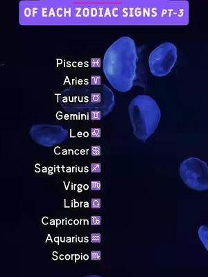 The cover image is a vertically oriented image on a dark background. There are various shapes that look like abstract jellyfish-like figures in a gradient cool-tone purple color. Listed in white text are the names of the zodiac signs and their corresponding symbols.