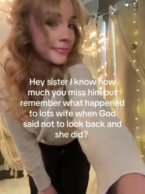 The image shows a young woman in a close-up, angled shot. She's wearing a light-colored top and black pants. Her blonde hair is styled with soft waves around her face. The background has soft lighting. A text overlay, placed over the image, poses a question about a biblical story.