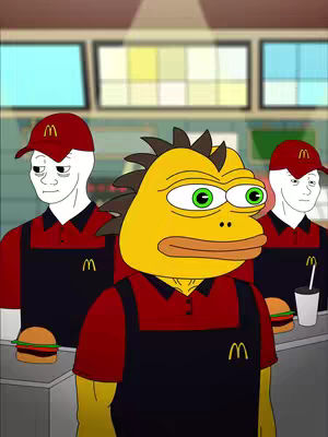 An animated cover image showing a fast-food restaurant scene. Three figures are positioned behind a counter typical for a McDonald's. Two figures on the sides are the 'wojak' meme, wearing red and black uniforms and red caps with the McDonald's logo. A central figure is an anthropomorphic lizard-like character with a yellow face and green eyes wearing a McDonald's uniform. Behind the counter, there are screens, a burger, a cup with a straw, and general restaurant elements.