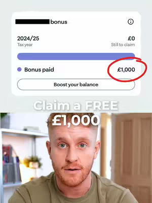 The cover image features a man looking at the viewer with a concerned expression. Overlayed on the image is a screenshot of a financial app, showing a bonus claim of £1,000.