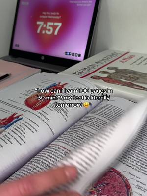 The image shows an open anatomy textbook with a hand turning a page. In the background, a laptop displays a pink-toned timer that reads "7:57". Beside the textbook, another anatomy atlas is visible. A text overlay reads a question about learning pages quickly.