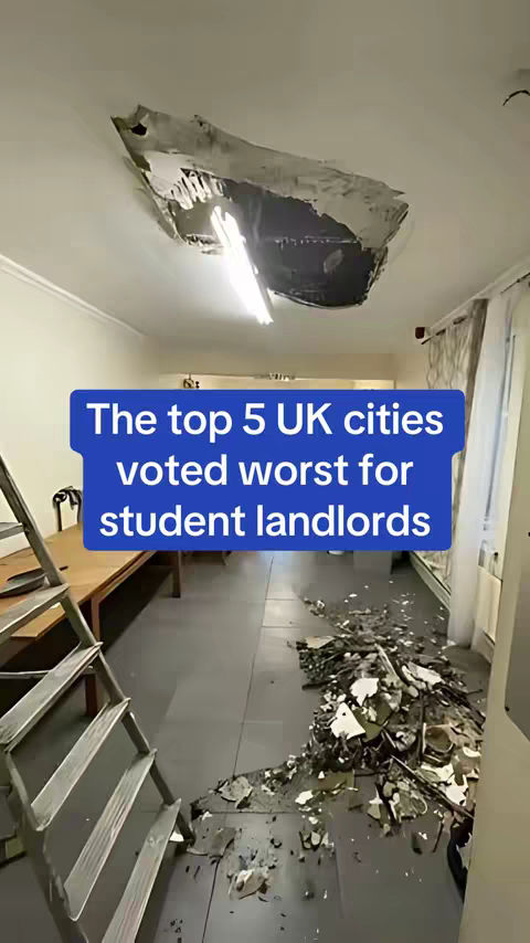 The image shows a room with a large hole in the ceiling, exposing wires and debris. A stepladder and a table are visible. A blue banner with white text overlays the image.