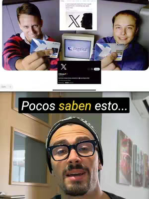 The cover image is a composite featuring multiple elements. At the bottom, a man with glasses and a beanie is centered, looking directly at the viewer with a serious expression. Above him, there appears to be a split screen showing two different screenshots. The main screenshot on the left features two men holding up cards with some text, over which are other pictures and text. The right screenshot also shows Elon Musk holding a card. The overall composition uses a dark color palette with varying shades of black, gray, and white to emphasize the content.