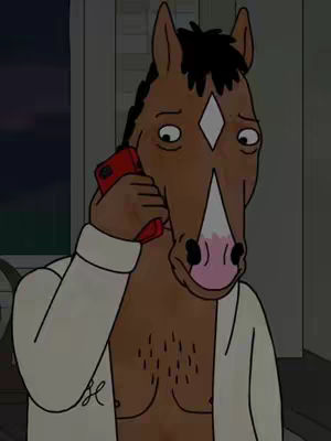 The cover image features BoJack Horseman, an animated horse character, in a close-up shot. He is depicted with a sad expression, holding a red phone to his ear. He is wearing a white open robe, revealing his chest. The background is a blurred indoor setting.