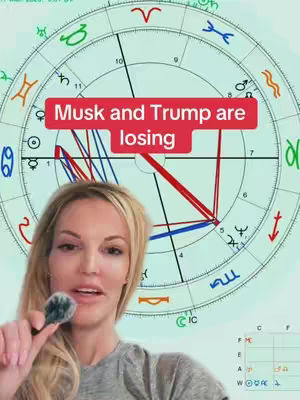 A woman with blonde hair, wearing a gray shirt, is holding a microphone and speaking in front of an astrology chart. A red rectangular text overlay reads Musk and Trump are losing.