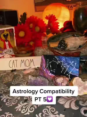The image showcases an indoor setup with various objects and arrangements. There's a red flower bouquet, a painting of a heart-shaped constellation, various crystals, and a sign that reads 'Cat Mom'. The background lighting suggests a warm, cozy ambiance.