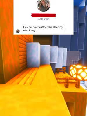 The image features a Minecraft-themed environment with yellow and orange blocks creating a path. A text message interface, appearing as an Instagram message, is overlaid on the image, showing a conversation.