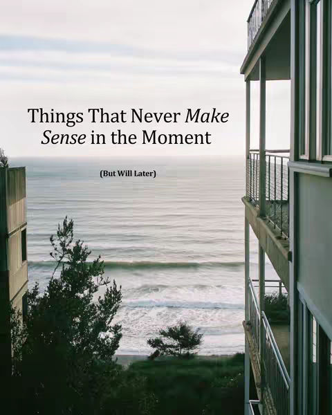 A serene image showcasing a coastal scene. The composition is split, with a modern building on the right and another structure to the left, framing a view of the ocean. The sky is overcast, and the water is a muted gray-blue. Text overlays the image.