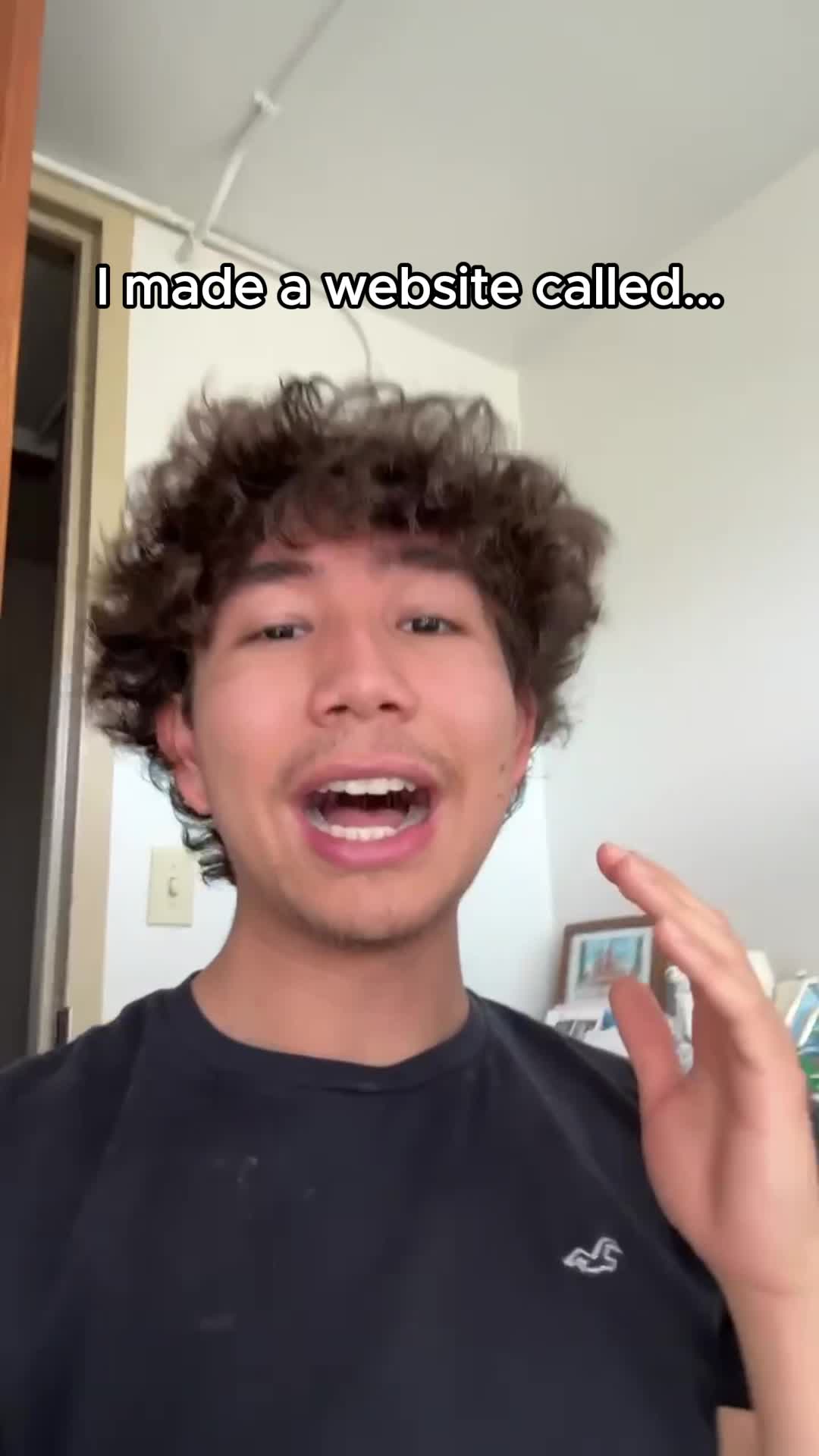 A young man with curly brown hair is centered in a selfie-style shot, talking with his mouth open. Above him, the text overlay reads 'I made a website called...'. The background shows a brightly lit interior with a door frame and artwork visible.