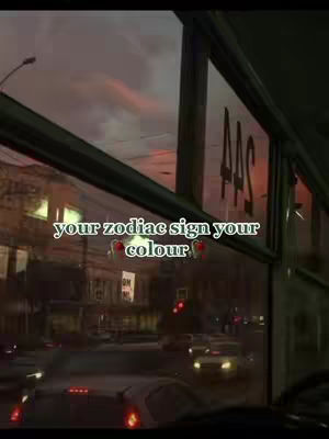The cover image shows a view from inside a bus or train, looking out at a city street at dusk with a sign that says '445'. Text overlayed on the image reads 'your zodiac sign your colour'. The sky is filled with oranges and reds and a street is visible in the background with lights and cars