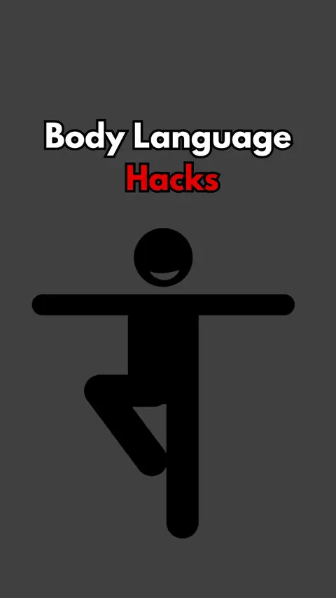A minimalist graphic on a gray background. The central element is a stick figure drawn in black, mimicking a person in a balancing pose, with arms outstretched and one leg raised. Above the figure, the words 'Body Language Hacks' are displayed in white text outlined in black, with the word 'Hacks' in red. The overall composition is simple and focuses on the concept of body language.