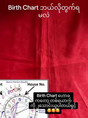 The image features a red gradient background with text in a stylized font. Central to the image is a birth chart diagram, labeled with astrological symbols and markings. A sidebar presents an additional text overlay with a white background and bold text that appears to be a caption, and the overlay contains emojis.