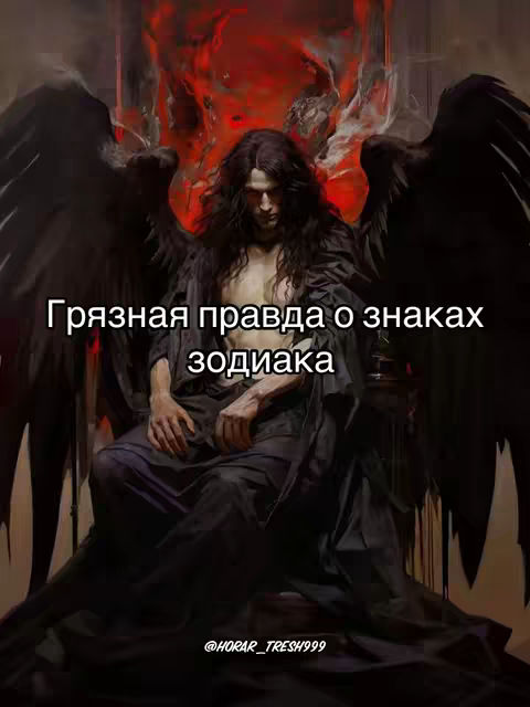 The image features a dark-haired figure with large black wings, seated and looking down. The background is a swirling mix of reds and dark colors, suggesting a fiery or ominous setting with text overlayed in the bottom left corner.