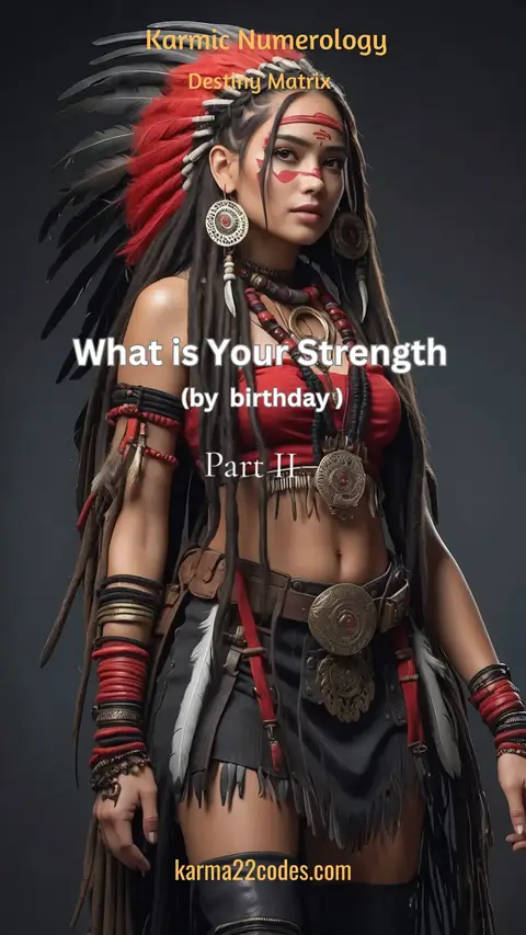 A woman with dark hair and traditional Native American style clothing and accessories is looking at the camera. Text overlays are positioned at the top and center, detailing the video's focus on karmic numerology and strengths.