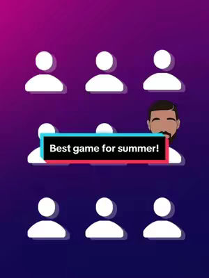 The cover image showcases an abstract design with a gradient background of purple and blue. Above, there are six white silhouette figures with circular heads and rectangular bodies. Beneath these figures, there's a text box that has the words 'Best game for summer!' and right of the text box, a man’s head is visible with light brown skin, wearing a black beard..