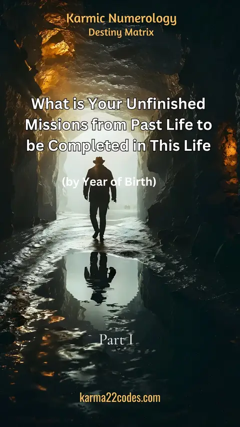 A vertical cover image showing a silhouetted figure walking towards the light at the end of a dark tunnel. Above, text in a gold font reads 'Karmic Numerology Destiny Matrix'. Further down, large white text asks 'What is Your Unfinished Missions from Past Life to be Completed in This Life (by Year of Birth)'. At the bottom, the words 'Part I' and karma22codes.com are displayed.