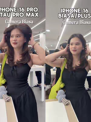 The image shows a split frame with two side-by-side photos of a woman. The woman, with long brown hair, is wearing a black dress. On the left, the screen reads "PHONE 16 PRO TAU PRO MAX Camera Biasa". On the right, the screen reads "IPHONE 16 BIASA/PLUS Camera Biasa"