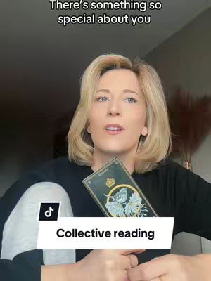 A woman with blonde hair, wearing a black shirt, holds a tarot card and looks directly at the camera. She is positioned against a blurred indoor background. A white banner with the text 'Collective reading' is at the bottom.