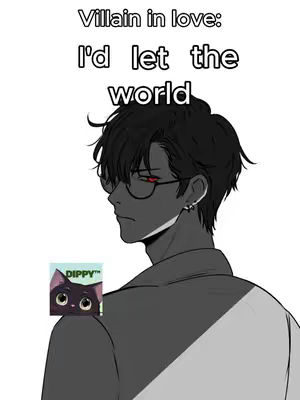 An anime-style image of a man with black hair, glasses, and red eyes. Text overlays the image. A small square with a cat logo is on his shoulder.