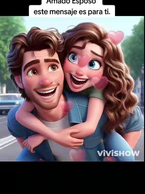 An animated image features a man carrying a woman on his back. The man is smiling, wearing a blue shirt, and has brown hair. The woman is also smiling, with her arms around the man's neck, wearing a green top and blue jacket, and has long wavy brown hair. Pink hearts are placed on the woman's cheeks. The background shows a blurred image of a street. A text overlay at the top reads 'Amado Esposo este mensaje es para ti.'