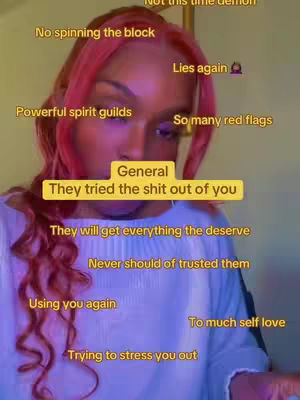 A woman with long, wavy pink hair is the central figure, framed in a close-up shot. The background is softly lit and out of focus. Overlaid on the image are several text elements in a yellow color, scattered around. The woman is looking directly at the camera with a neutral expression and wearing a white t-shirt.