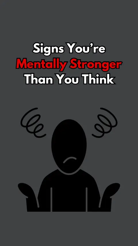 The cover image is composed of a dark gray background. The text overlay features a large title in white and red font "Signs You're Mentally Stronger Than You Think". Below this text is a silhouetted illustration of a person with a blank face, with several swirling lines on both sides, and an open hand gesture.